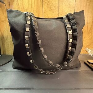 Salvatore Ferragamo Black Nylon Shoulder Bag Silver Chain Straps Italy with CoA
